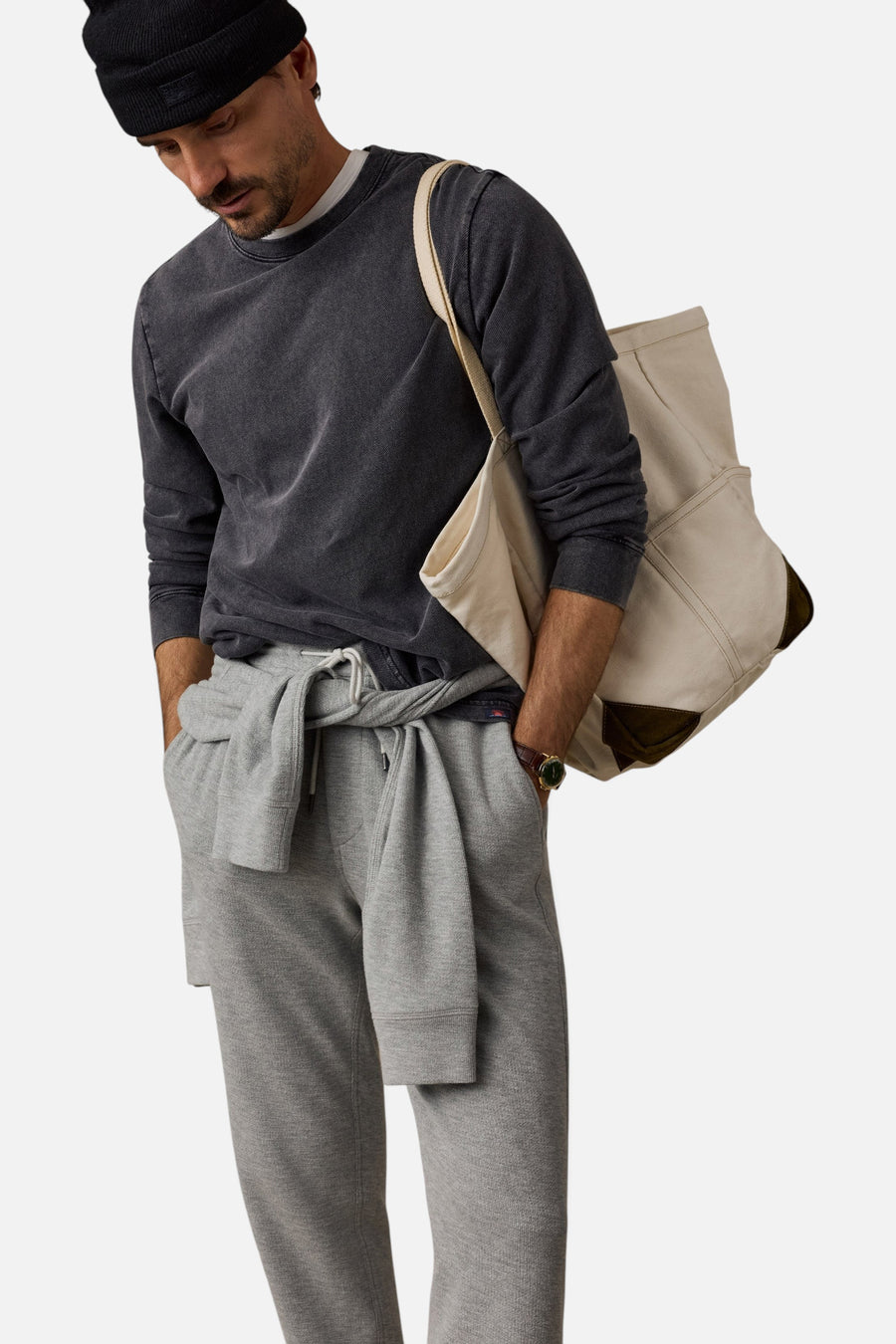 Long-Sleeve Recycled Terry Tee in Graphite – flat lay