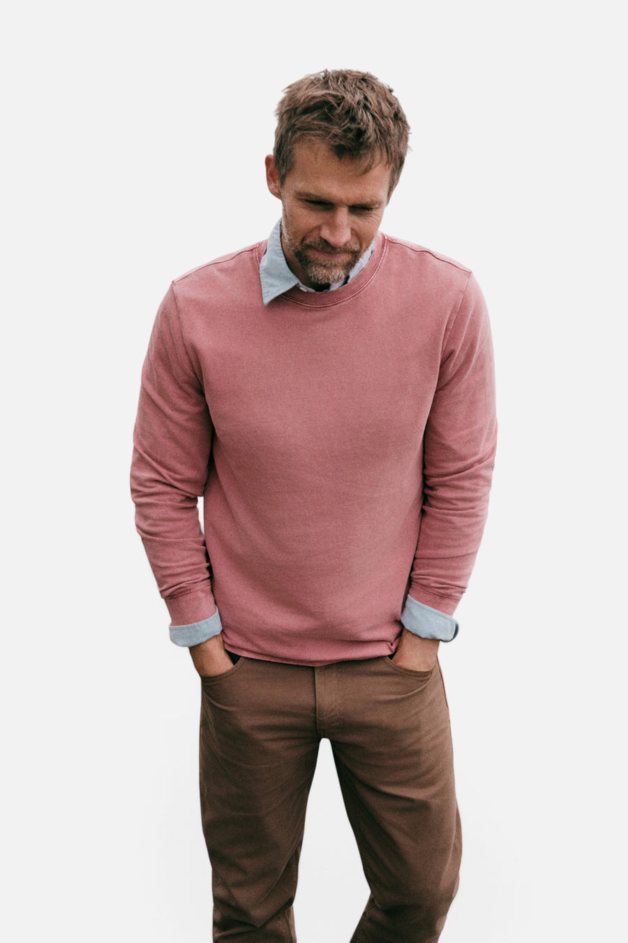 Long-Sleeve Recycled Terry Tee in Sunset Red – flat lay