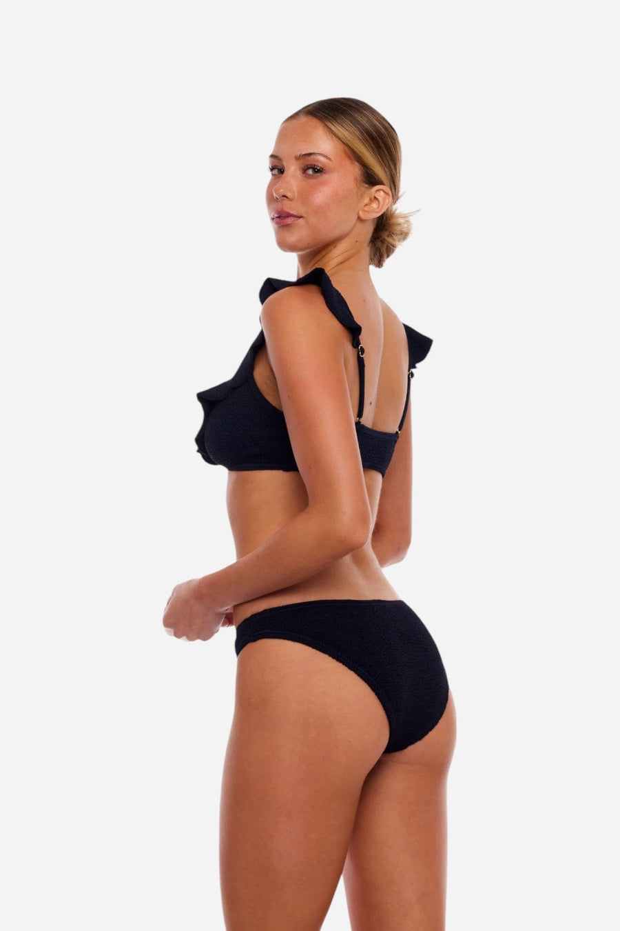 Love & Bikinis Cozumel Ruffles One Size Bikini Top in Black – side view
