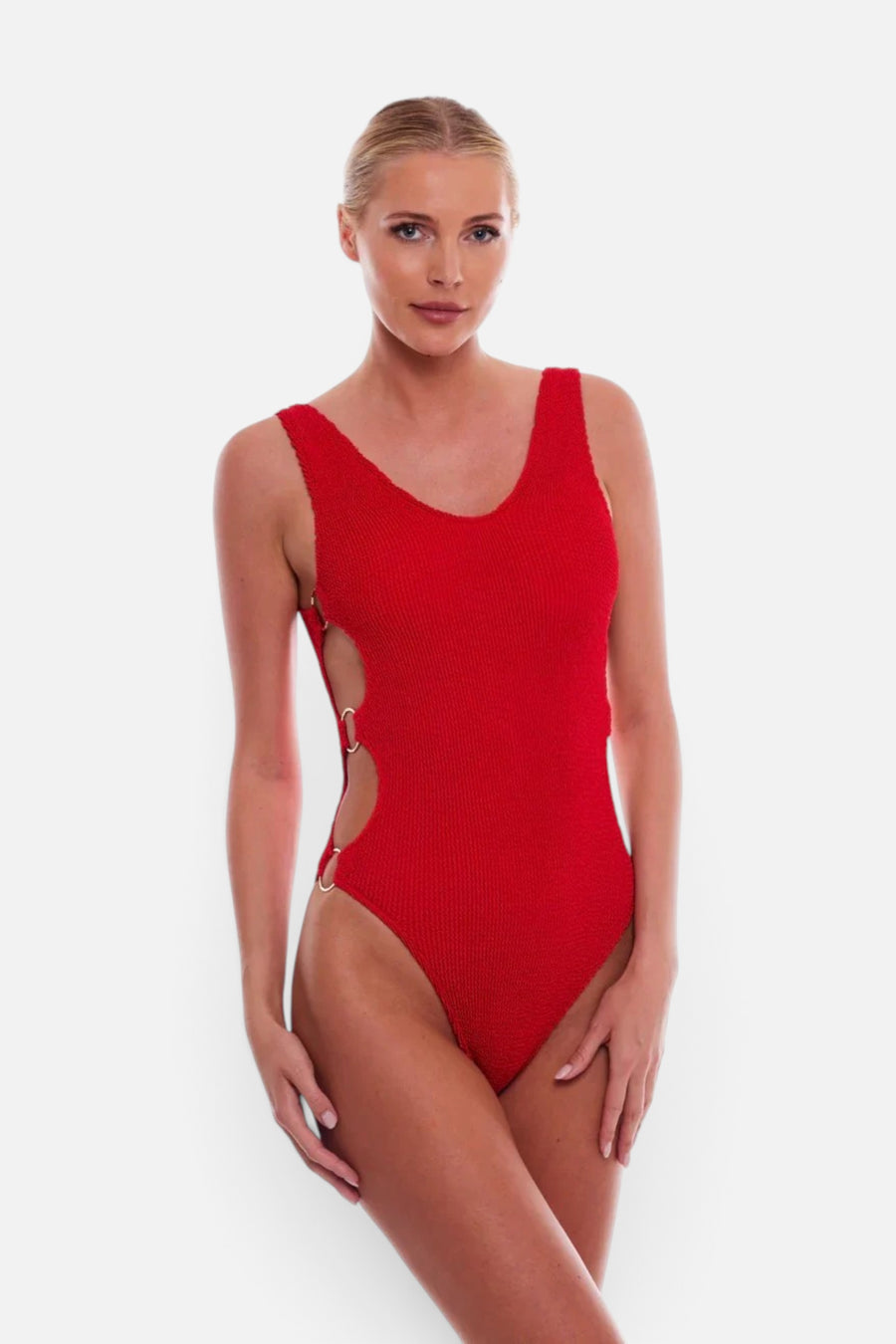 Love & Bikinis Dubai Multi-ring Cutout One Piece Swimsuit in Red – front view