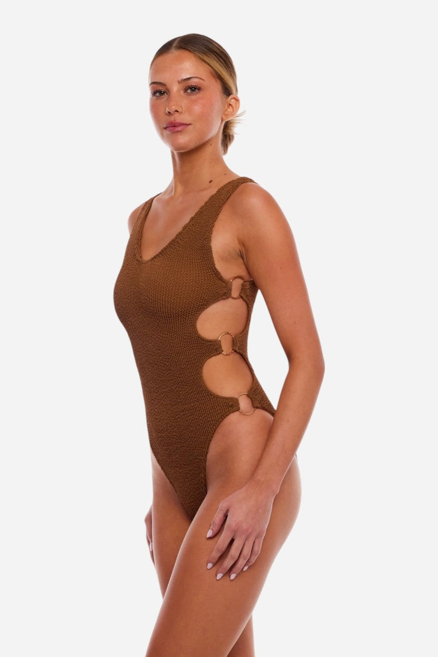 Love & Bikinis Dubai Multi-Ring Cutout One Size One Piece Swimsuit in Chocolate – on model