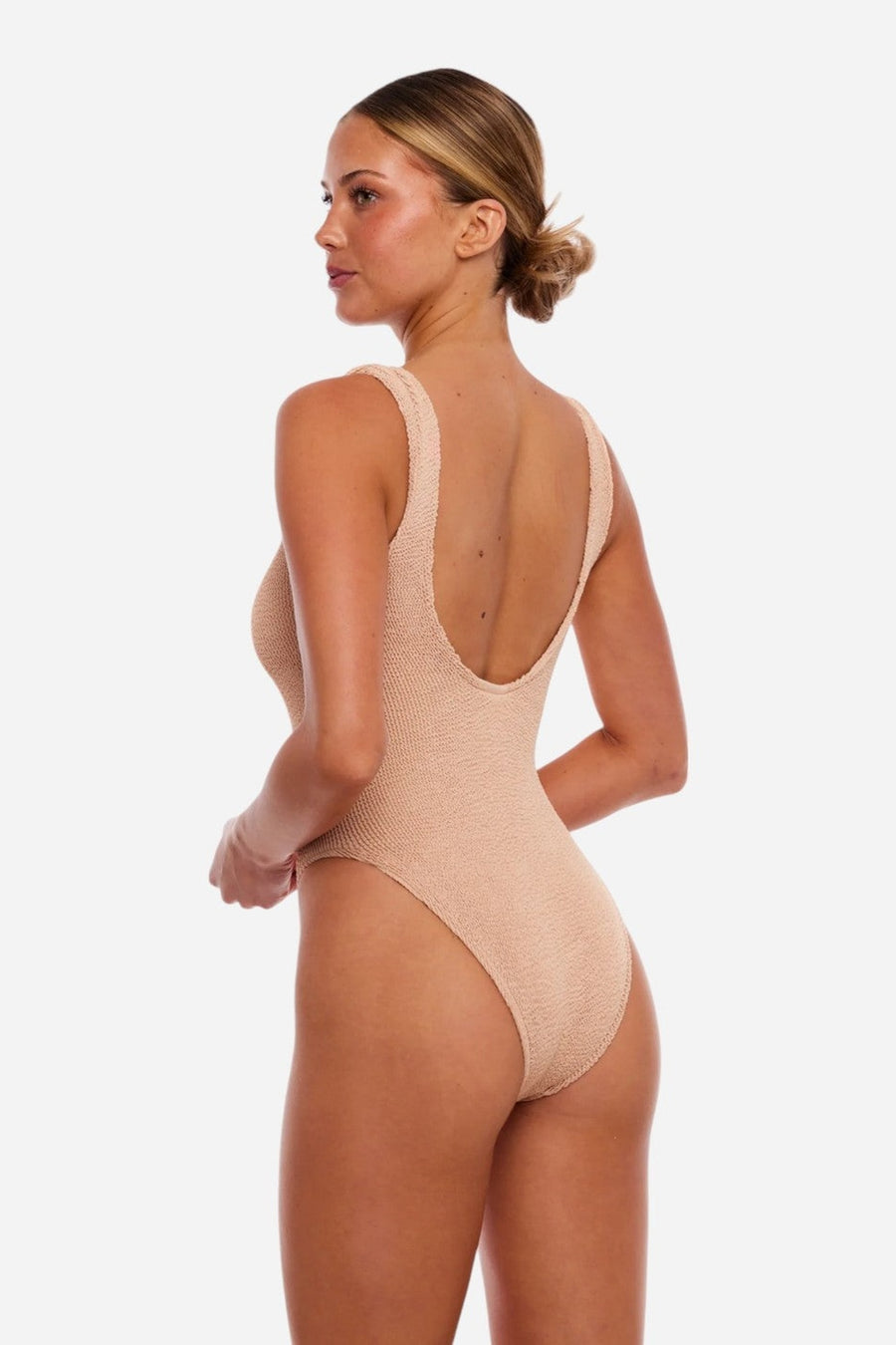 Love & Bikinis Marbella Classic One Size One Piece Swimsuit in Sand – on model