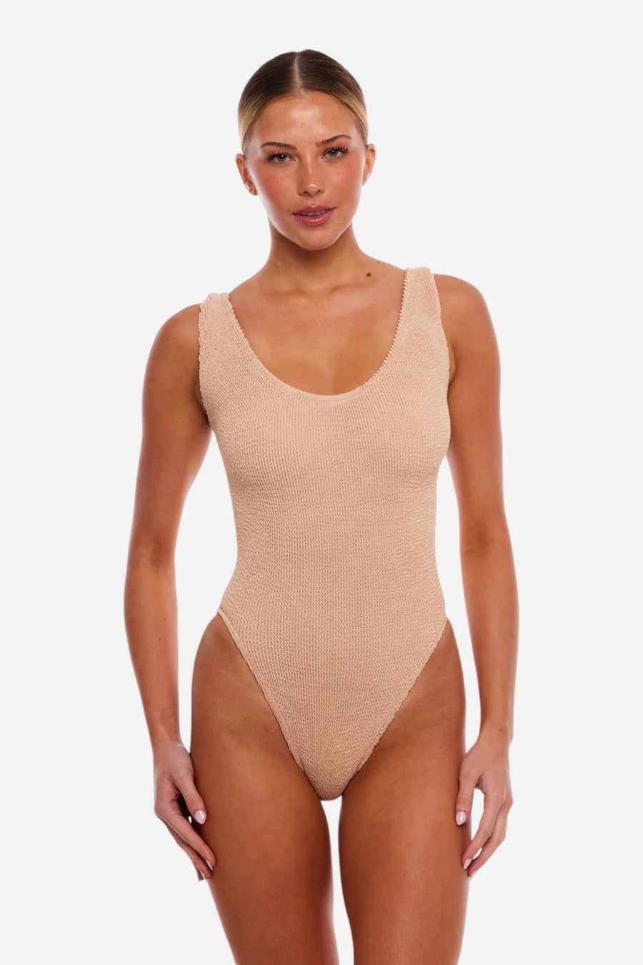 Love & Bikinis Marbella Classic One Size One Piece Swimsuit in Sand – on model