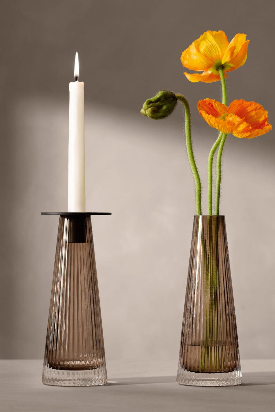 LSA International Beacon Candleholder/Vase 8.75in in Taupe/Jet Black – flat lay