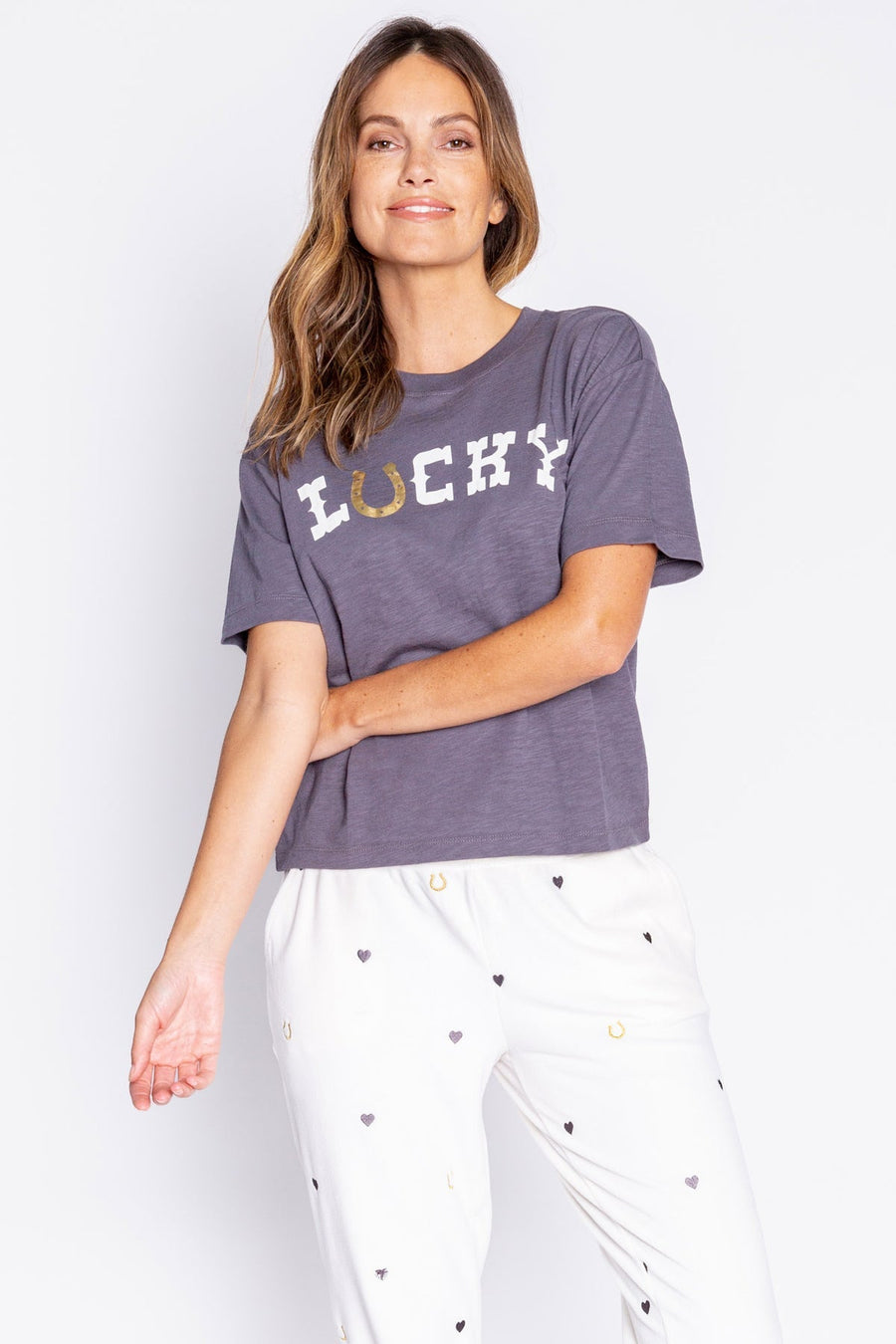 Lucky In Love Short Sleeve Top in Charcoal – back view