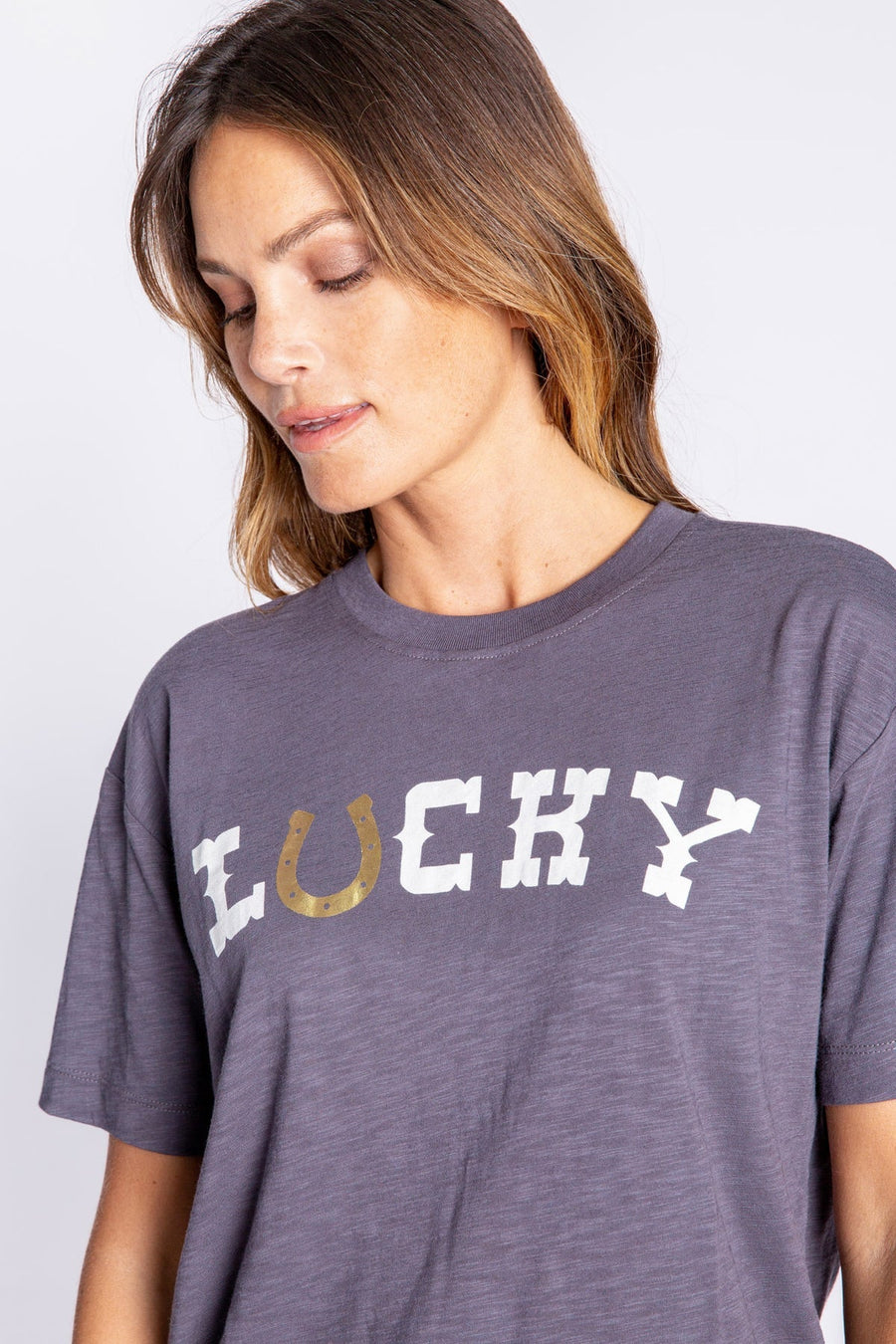 Lucky In Love Short Sleeve Top in Charcoal – detail