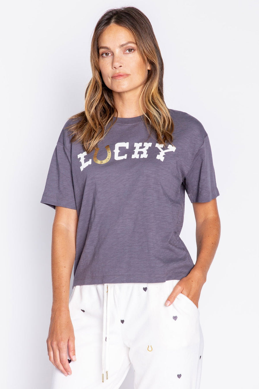 Lucky In Love Short Sleeve Top in Charcoal – flat lay