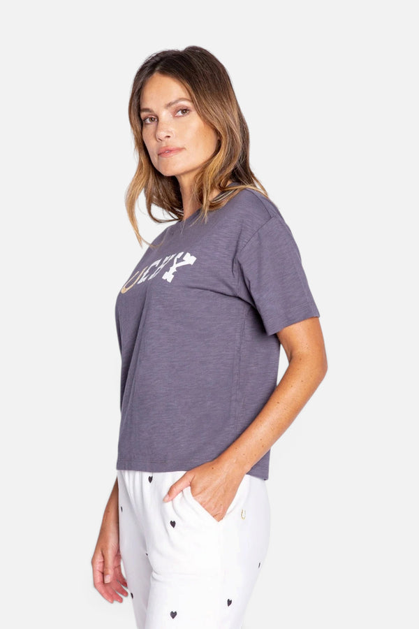 Lucky In Love Short Sleeve Top in Charcoal