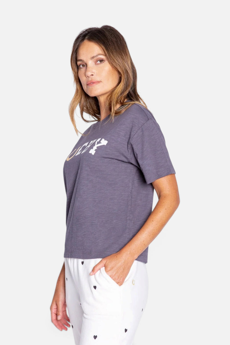 Lucky In Love Short Sleeve Top in Charcoal – front view