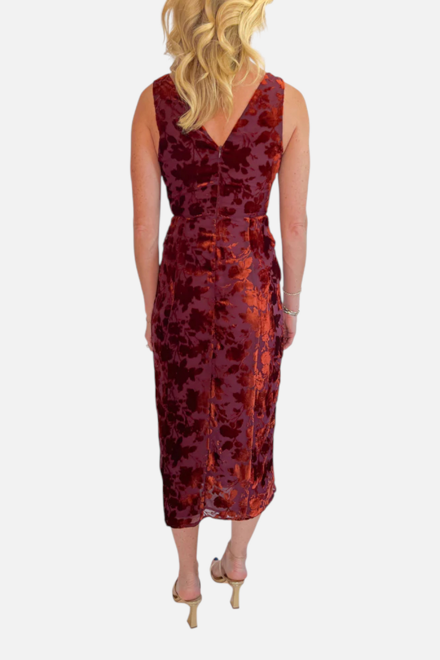Lulus Aman Velvet Midi Dress in Rust – back view
