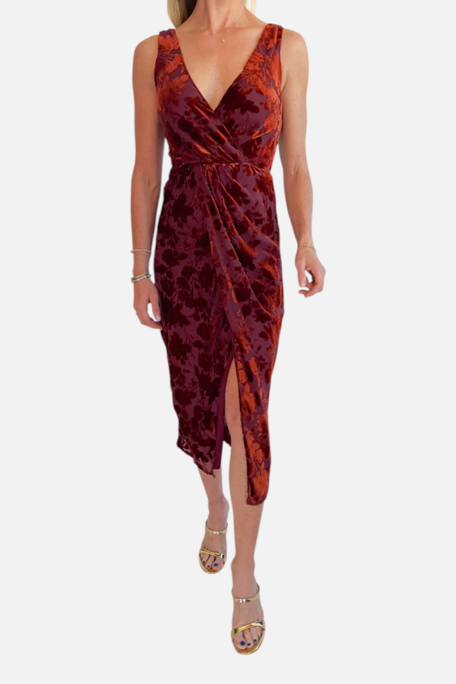 Lulus Aman Velvet Midi Dress in Rust – front view