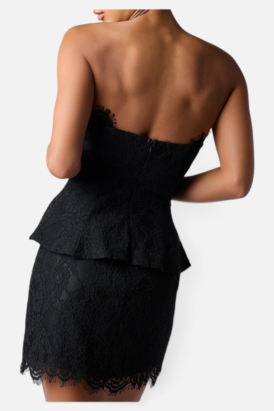 Lulus Bridget Lace Mini Dress in Black – back view