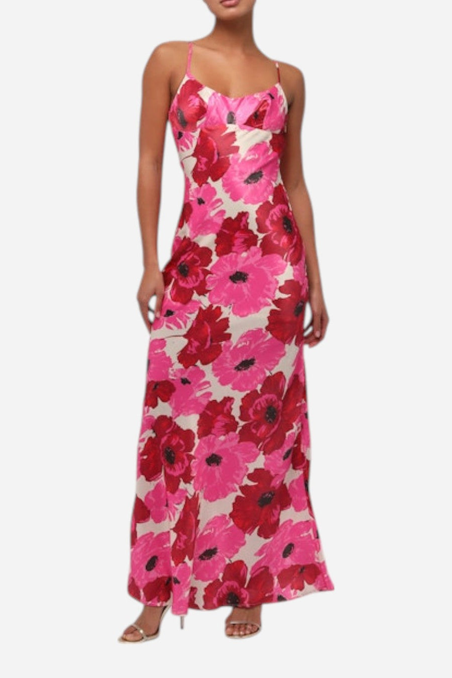 Lulus Faye Maxi Slipdress in Fuschia Floral – on model