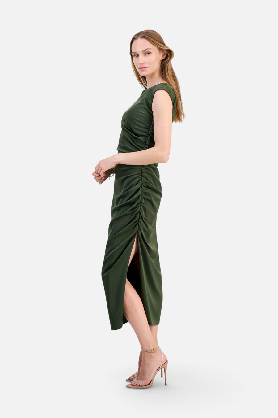 Lulus Felicity Ruched Satin Side Slit Midi Dress in Military – alternate