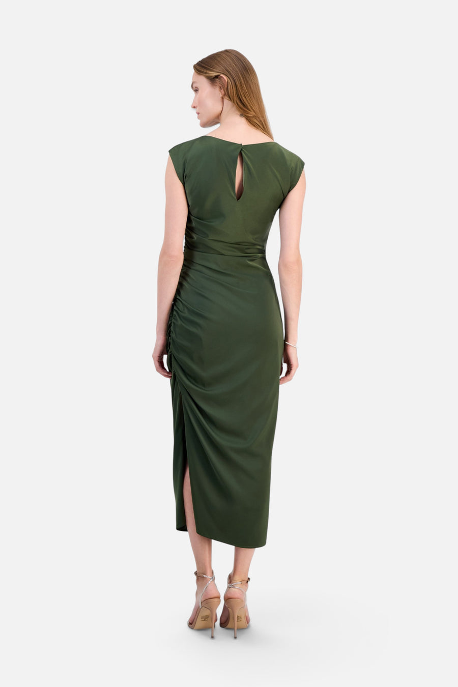 Lulus Felicity Ruched Satin Side Slit Midi Dress in Military – back view