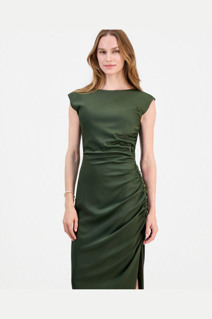 Lulus Felicity Ruched Satin Side Slit Midi Dress in Military – detail