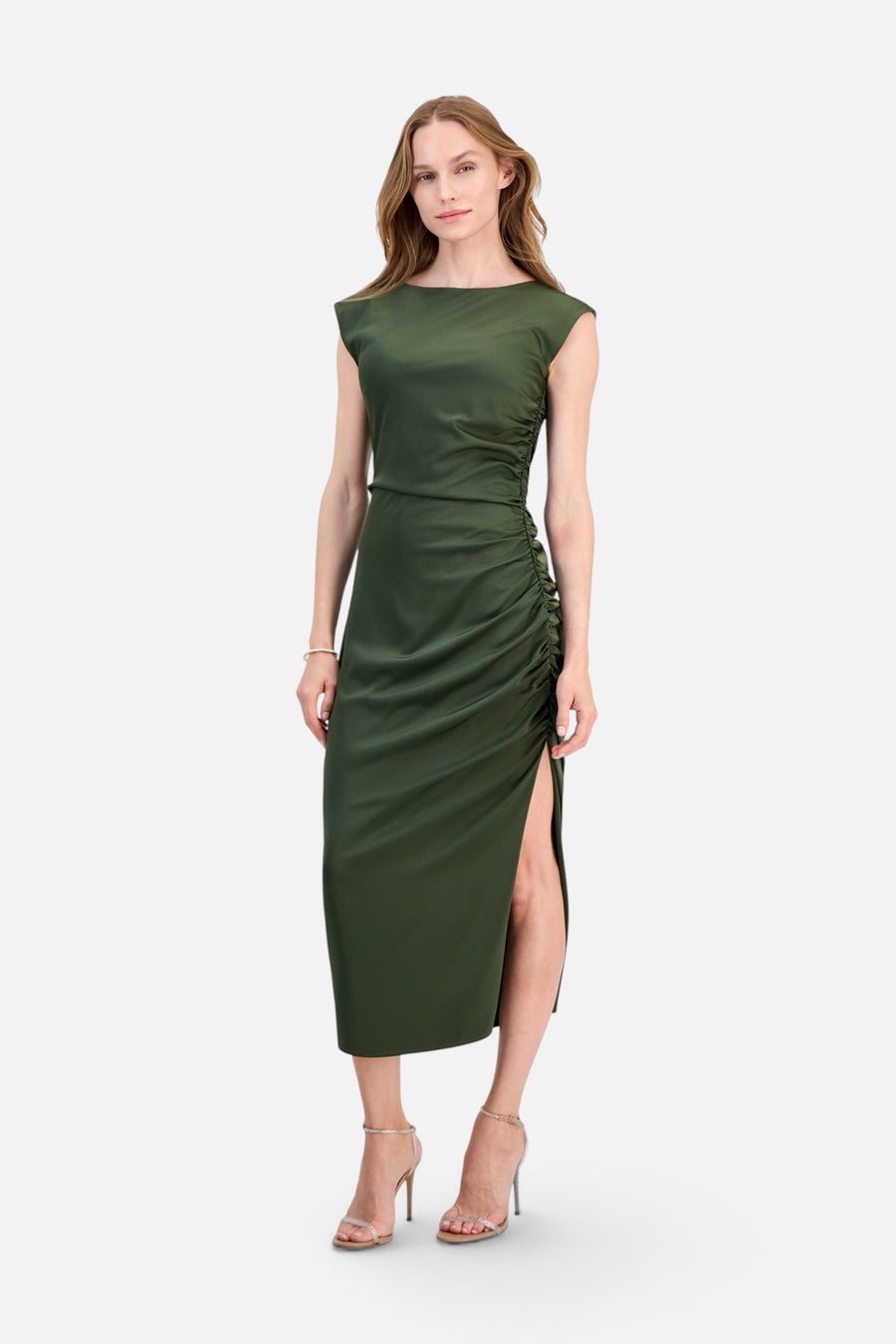 Lulus Felicity Ruched Satin Side Slit Midi Dress in Military – front view