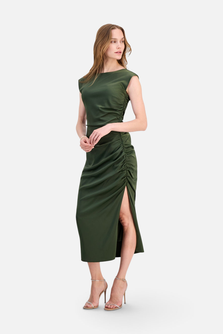 Lulus Felicity Ruched Satin Side Slit Midi Dress in Military – side view