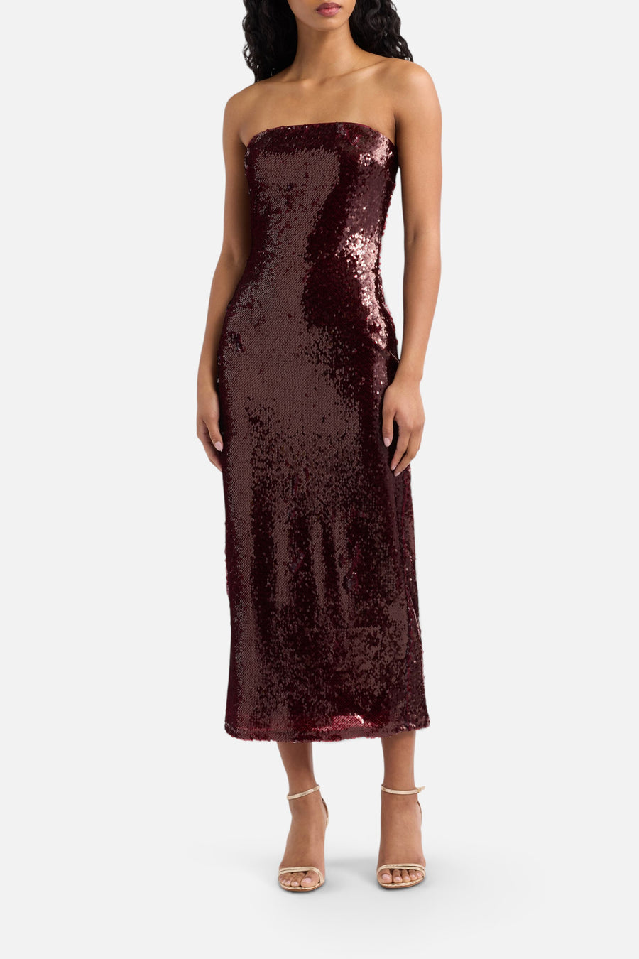 Lulus Hallie Strapless Sequin Dress in Chianti – front view