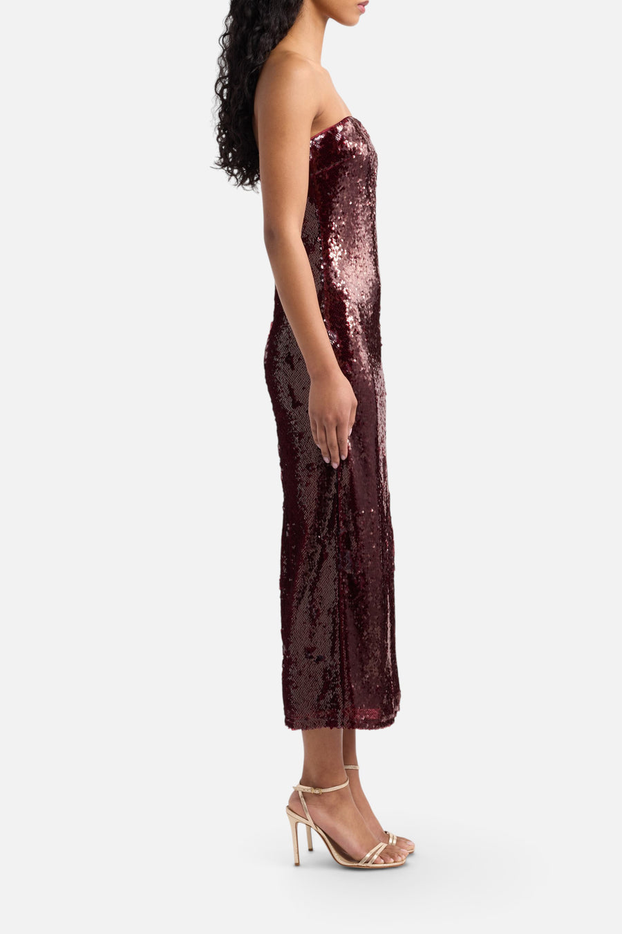 Lulus Hallie Strapless Sequin Dress in Chianti – side view