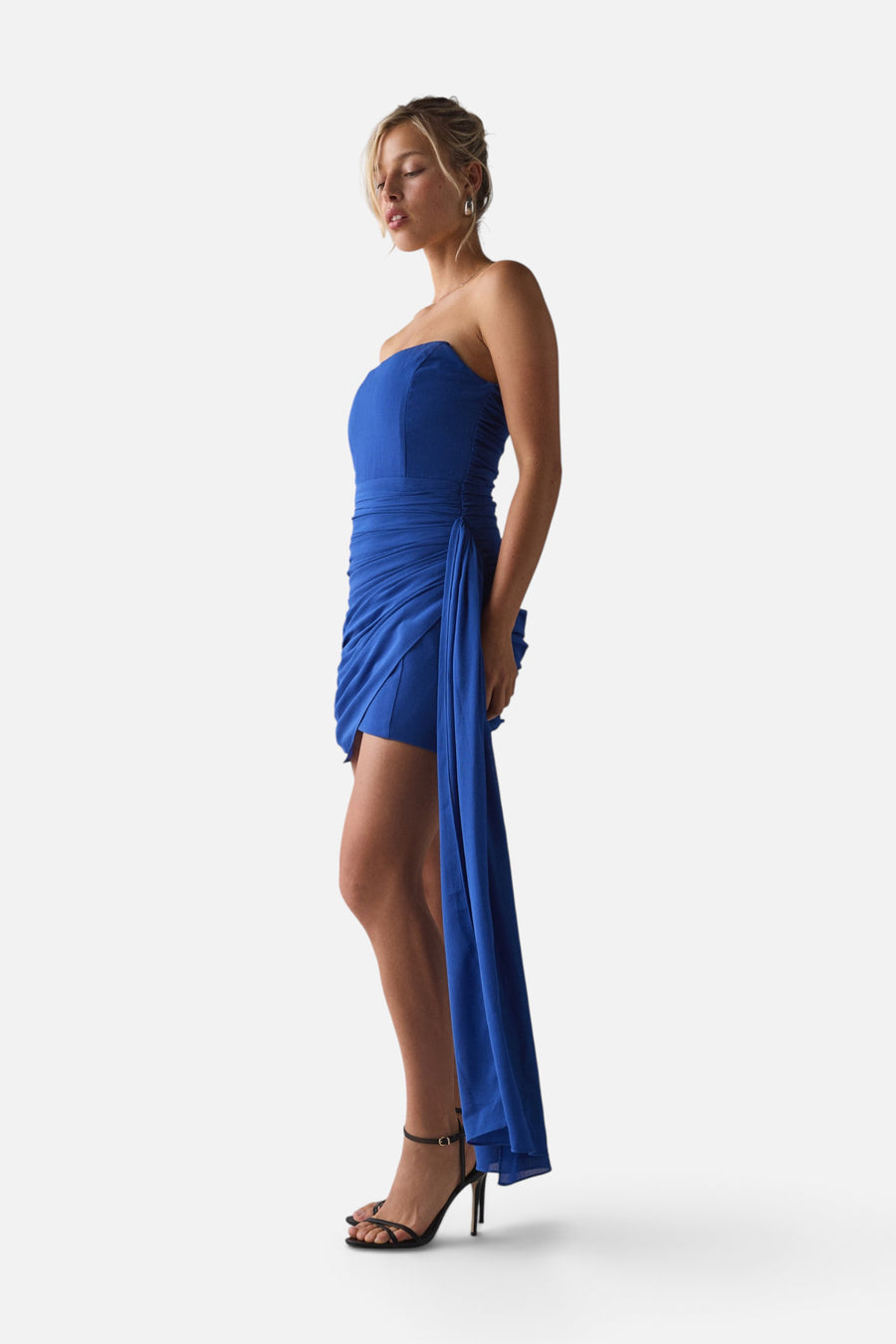 Lulus Mikaela Draped Chiffon Strapless Mini Dress in Blue – back view