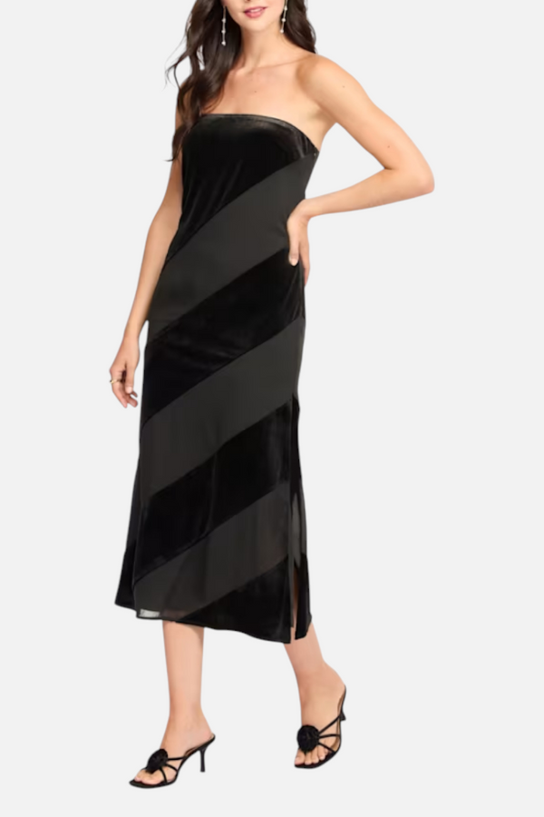 Lulus Surrey Velvet Striped Midi Dress in Black