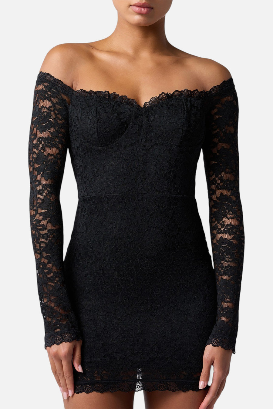 Lulus Vega Long Sleeve Lace Mini Dress in Black – front view