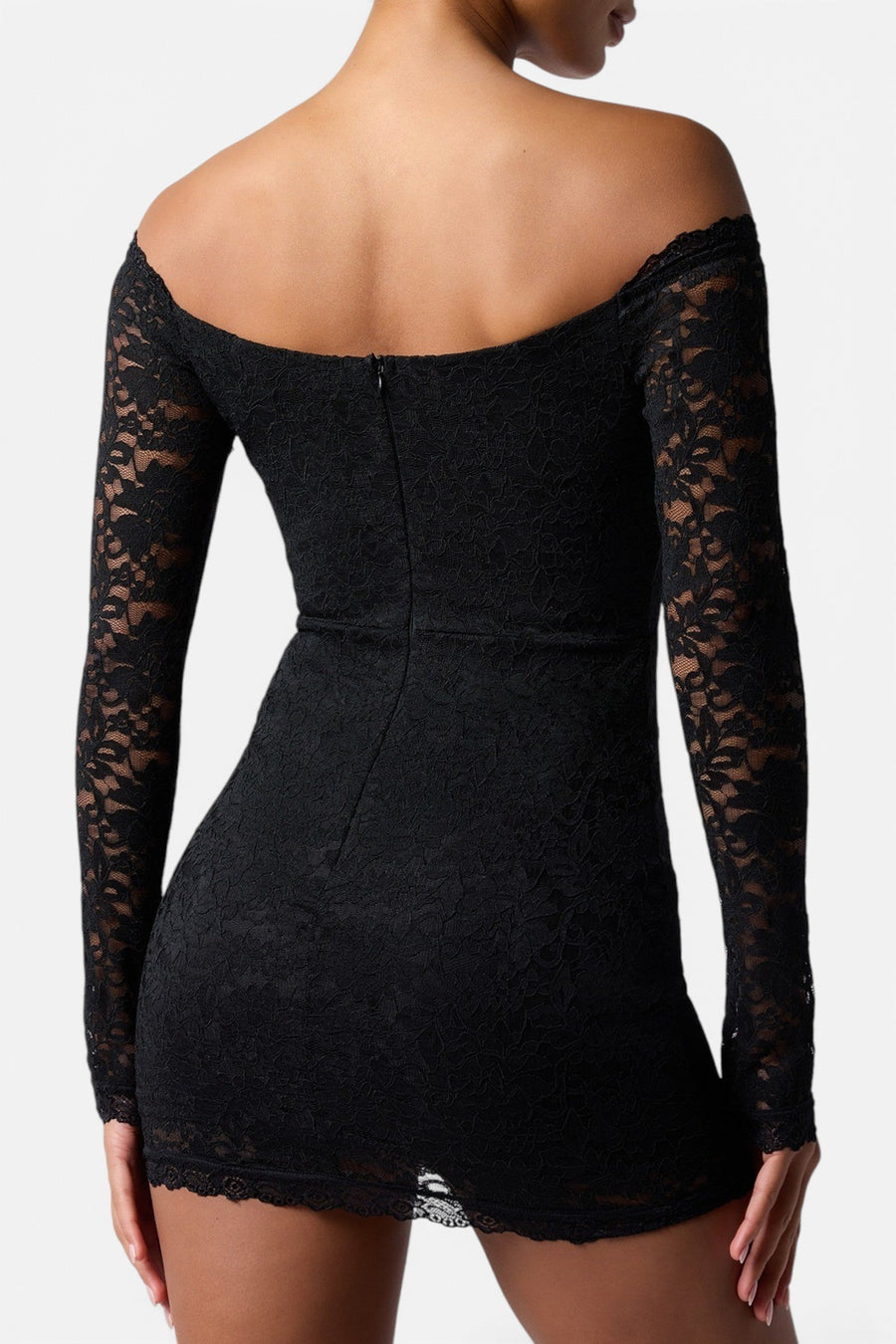Lulus Vega Long Sleeve Lace Mini Dress in Black – on model