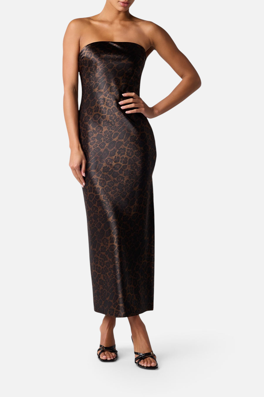 Lulus Whitney Strapless Sequin Dress in Leopard – front view
