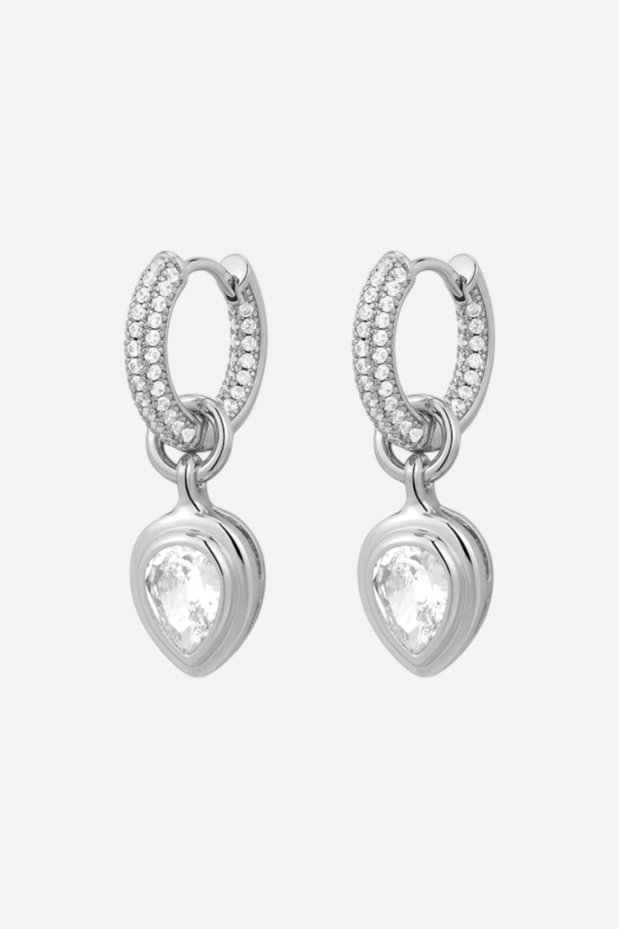 LUV AJ Pear Double Bezel Charm Huggies Earrings in Silver – front view