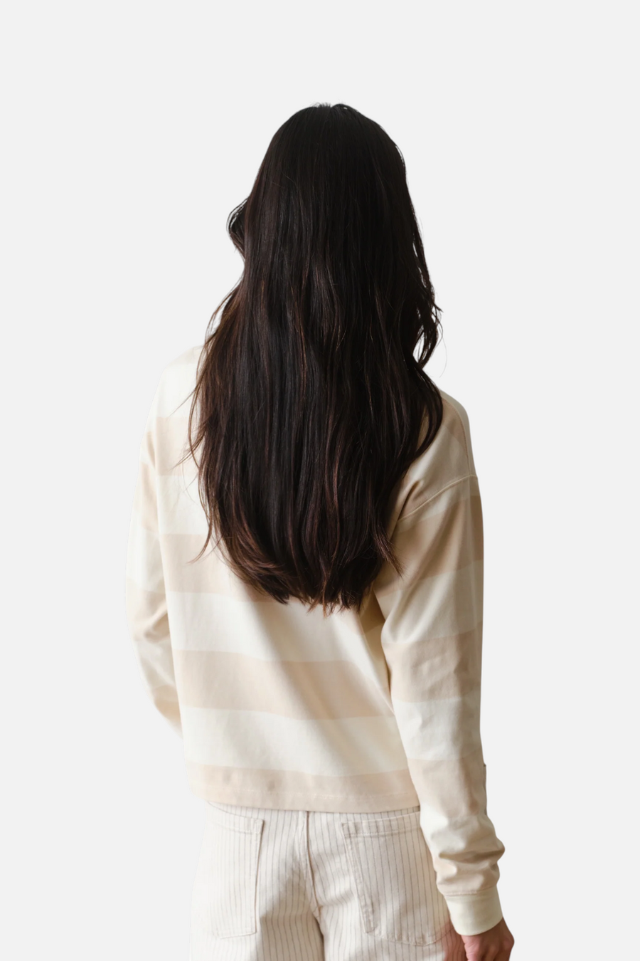 Marine Layer Women's Luxe Sueded Polo Tee in Cream Stripe