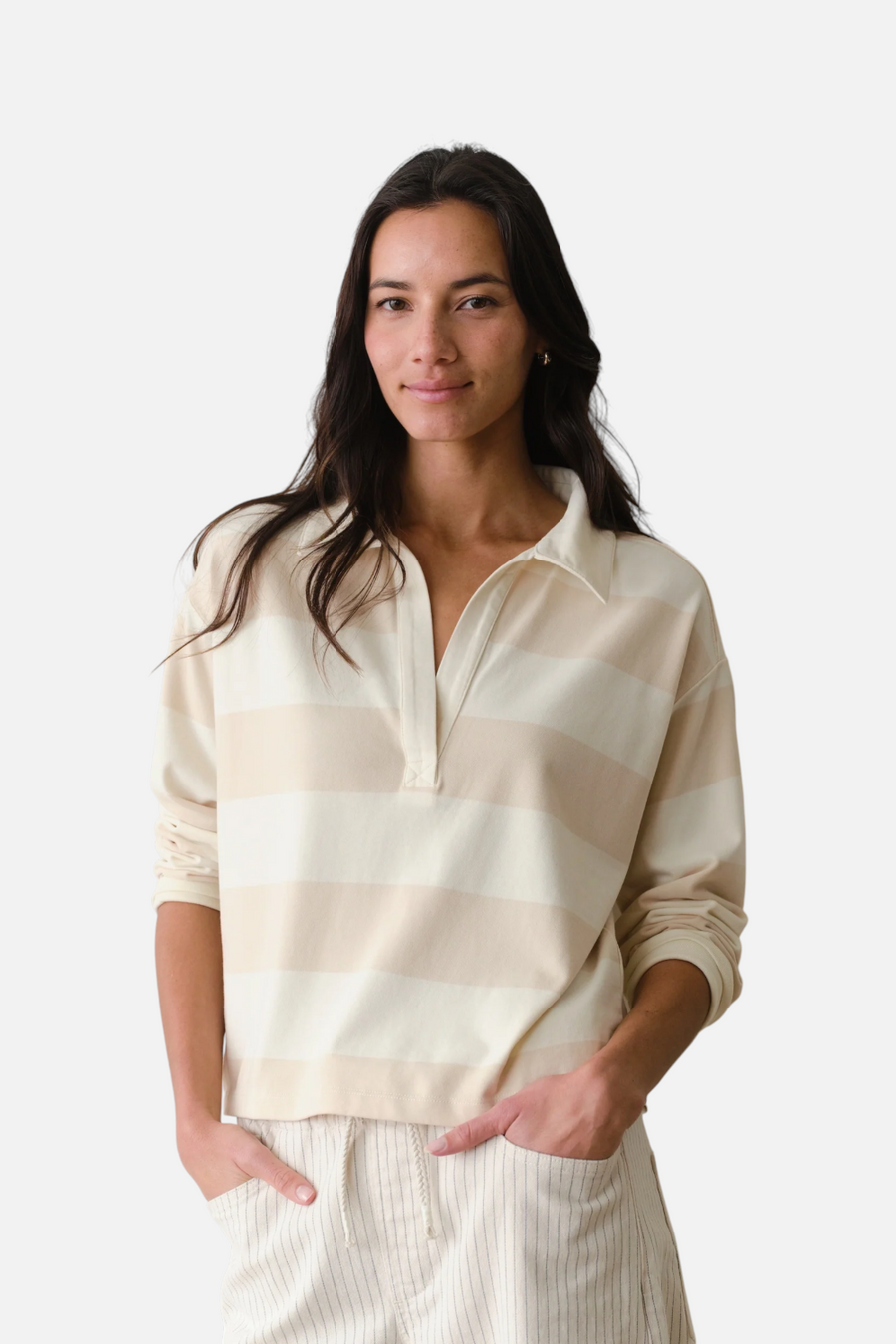 Marine Layer Women's Luxe Sueded Polo Tee in Cream Stripe