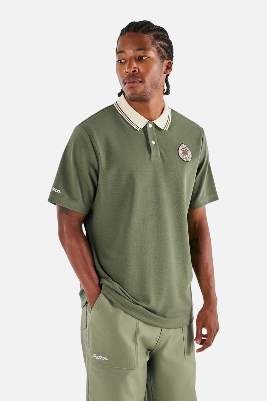 Malbon Fairway Oakwood Polo in Olivine – side view