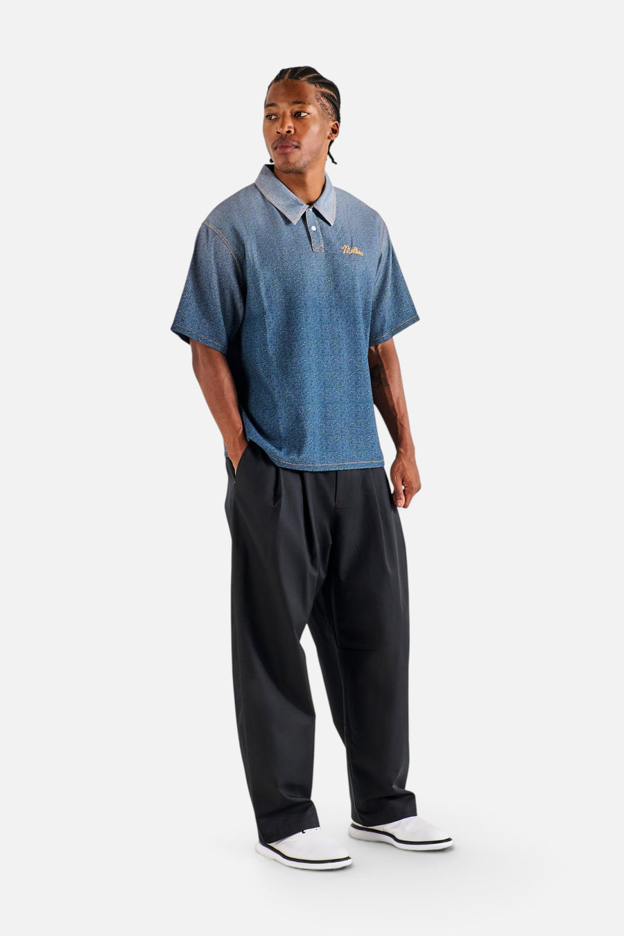 Malbon Golf Ironfade Polo in Dusty Navy – full length