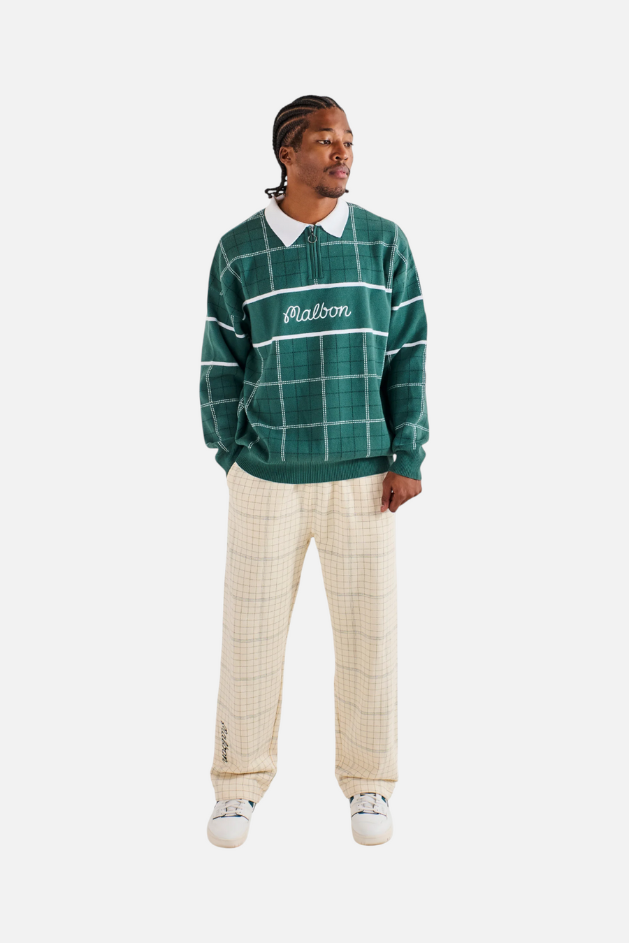 Malbon Golf Men's Bon Script Plaid Sweatpant in Ivory – front view