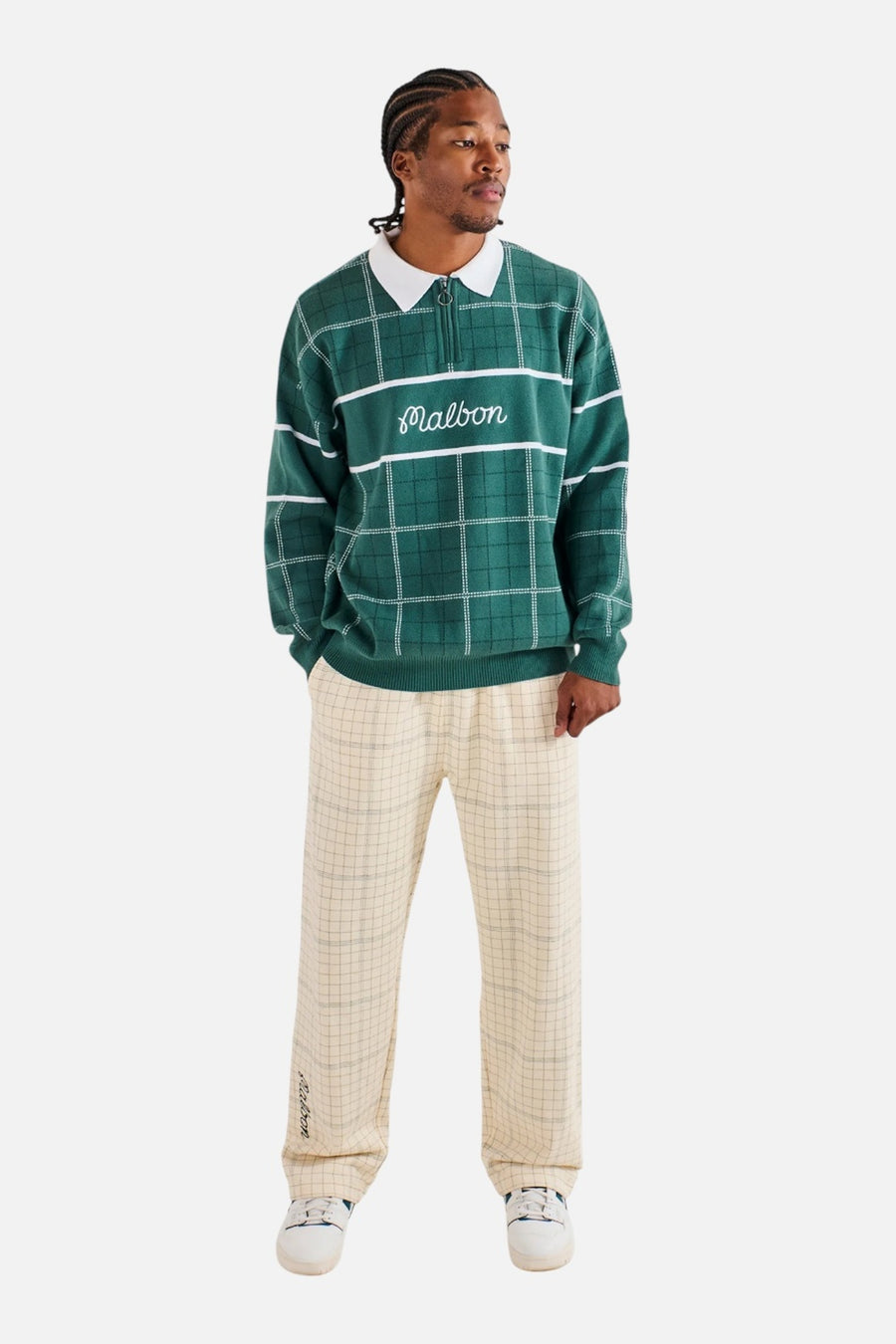 Malbon Golf Men's Bon Script Plaid Sweatpant in Ivory – on model