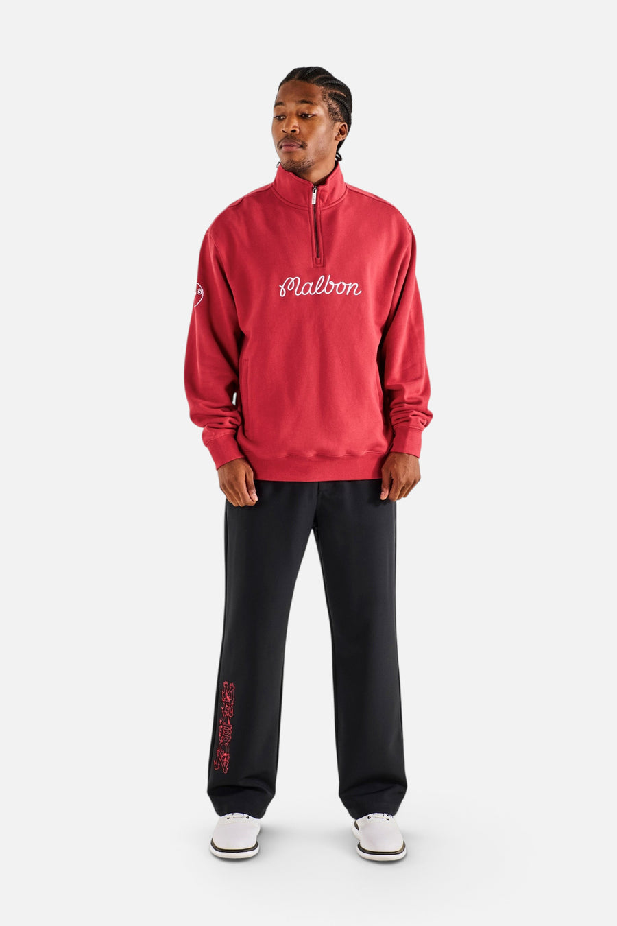 Malbon Golf Men's Collegiate Sweatshirt in Crimson Red – on model