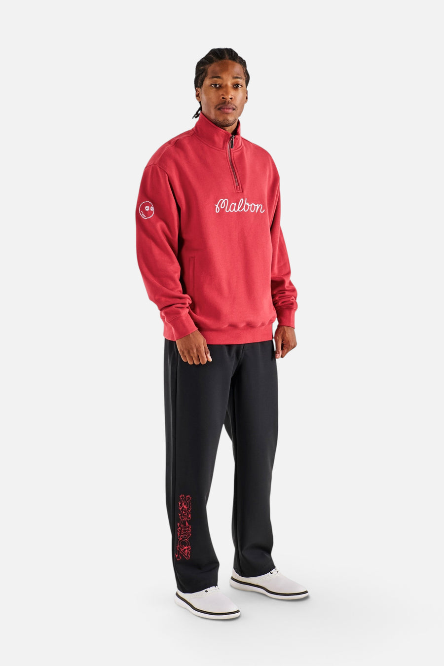Malbon Golf Men's Collegiate Sweatshirt in Crimson Red – on model