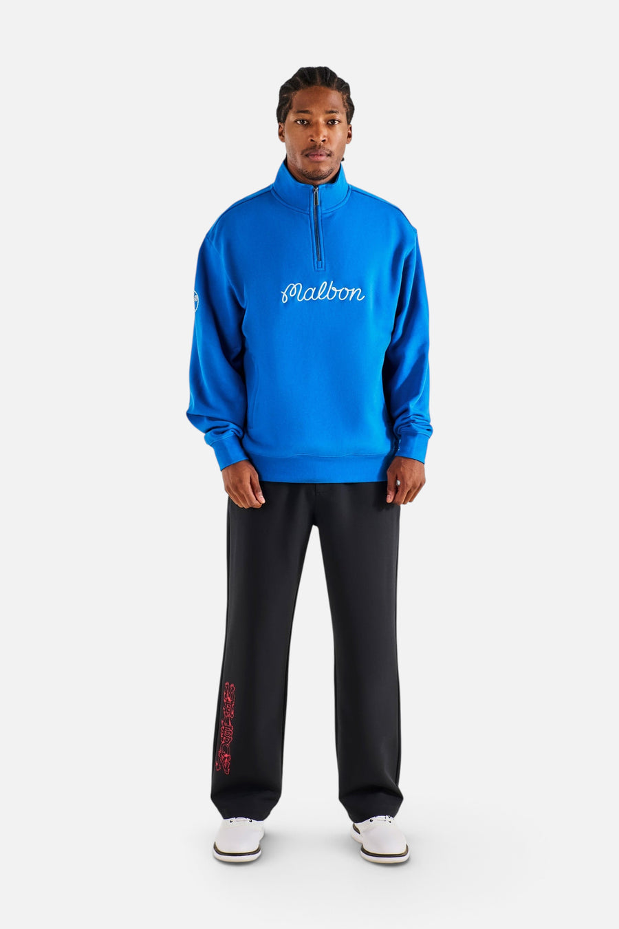 Malbon Golf Men's Collegiate Sweatshirt in Imperial Blue – on model