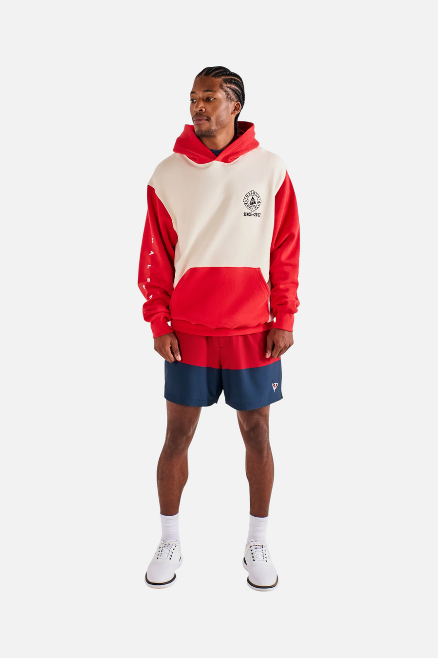 Malbon Golf Men's Fesque Deck Hand Hoodie in Tofu and Red – back view