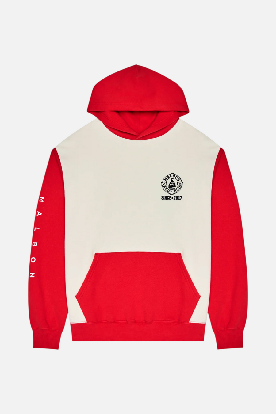 Malbon Golf Men's Fesque Deck Hand Hoodie in Tofu and Red – side view