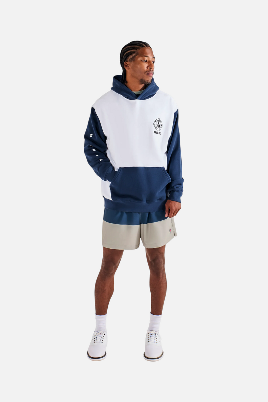 Malbon Golf Men's Fesque Deck Hand Hoodie in White and Navy – back view