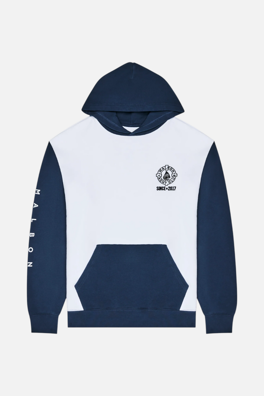Malbon Golf Men's Fesque Deck Hand Hoodie in White and Navy – side view