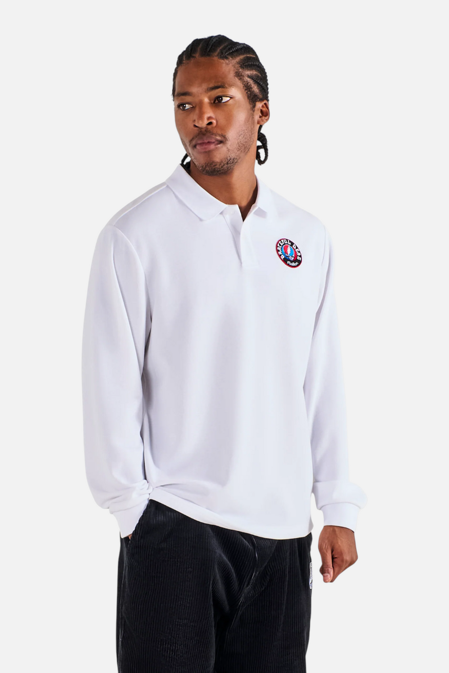 Malbon Golf Men's Grateful Dead Stealie Polo in White – side view