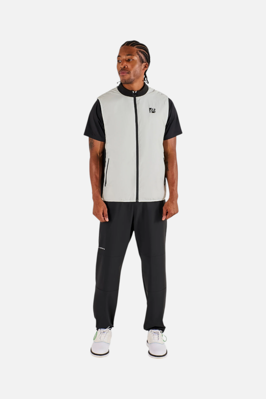 Malbon Golf Men's Performance Ribbed Panel Vest in Silver & Black – front view