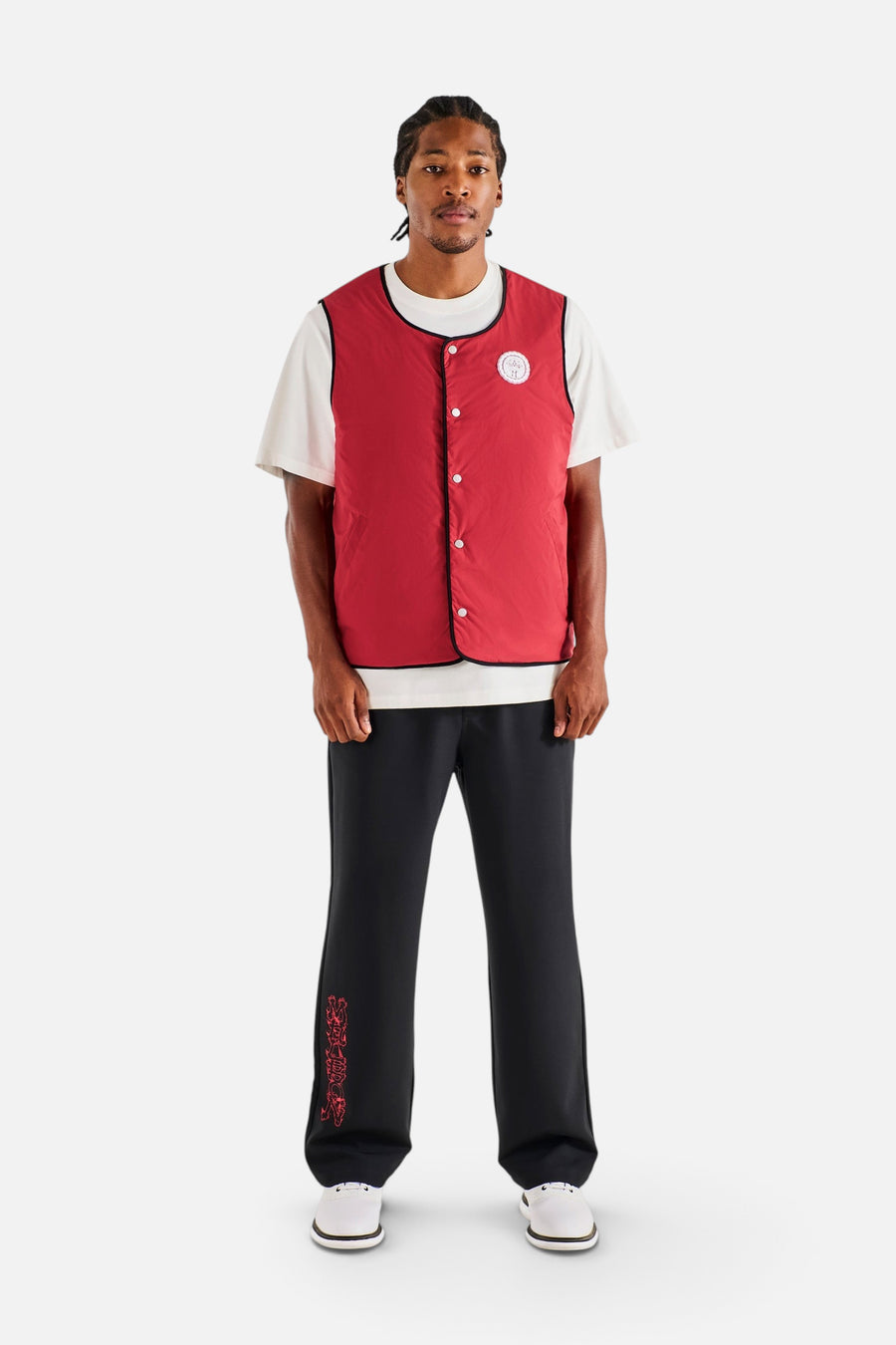 Malbon Golf Men's Swell Reversible Vest in Crimson Red and Black – on model