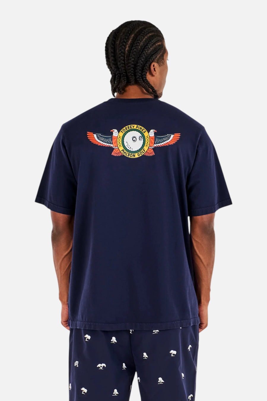 Malbon Golf Men's Torrey Pines Bermuda Eagle Tee in Bariton Blue – back view