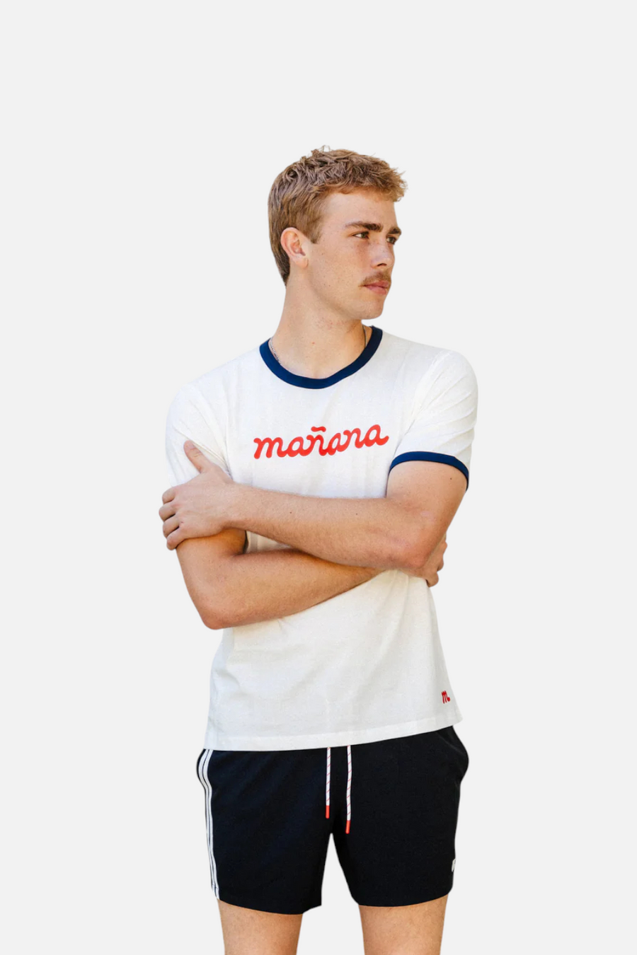 Manana Men's Classic Logo Ringer Tee in Off White/Navy – back view