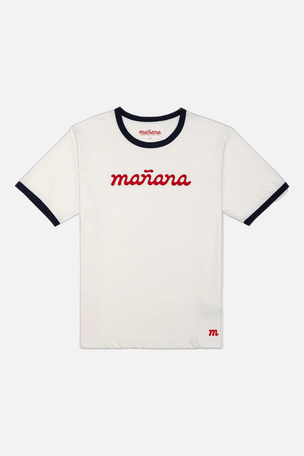 Manana Men's Classic Logo Ringer Tee in Off White/Navy