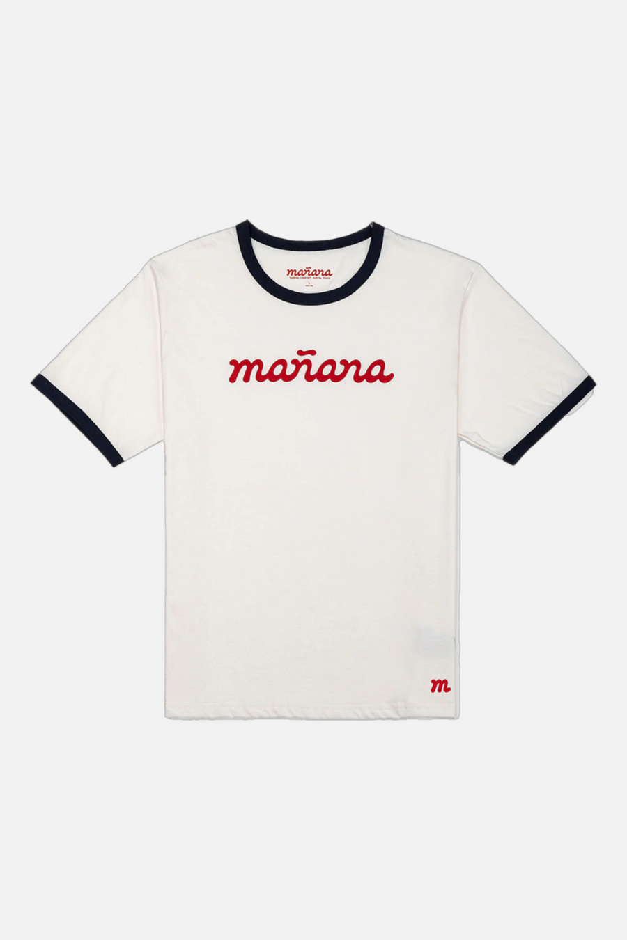 Manana Men's Classic Logo Ringer Tee in Off White/Navy – front view
